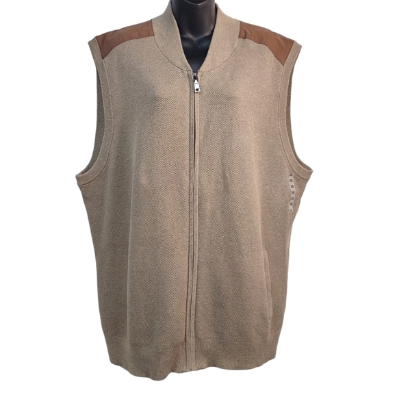 ROUNDTREE & YORKE Men's Full Zip Sweater Vest Brown Shoulder Patches Sz XXL NWT - Picture 1 of 8